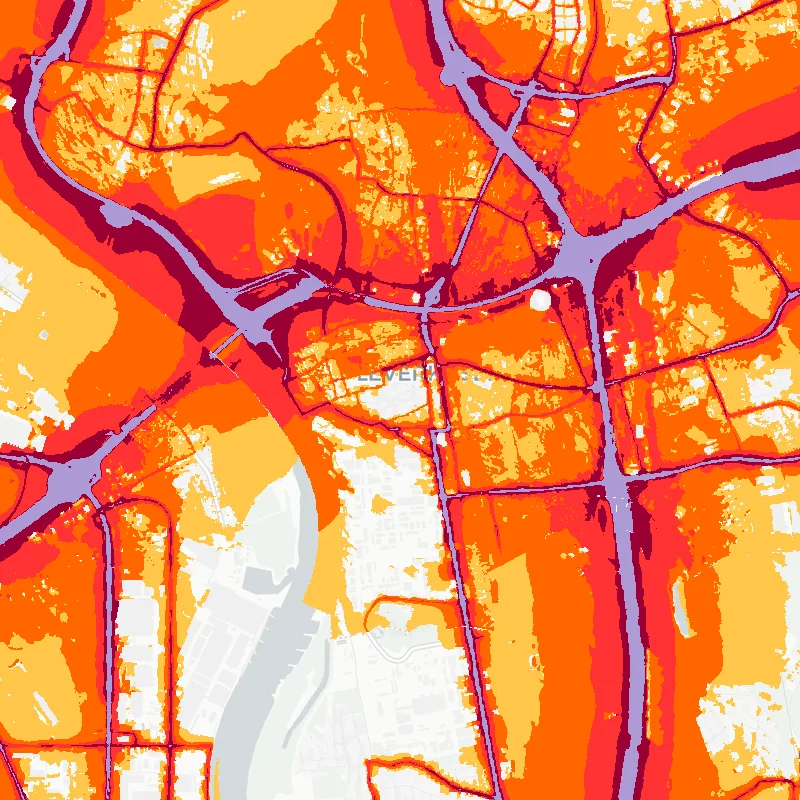 Noise map of Leverkusen, Germany: road-traffic noise contours from the EU strategic noise maps, shaded yellow (≈55 dB Lden) through orange and red to dark purple (≈75 dB+), over the city's street network.