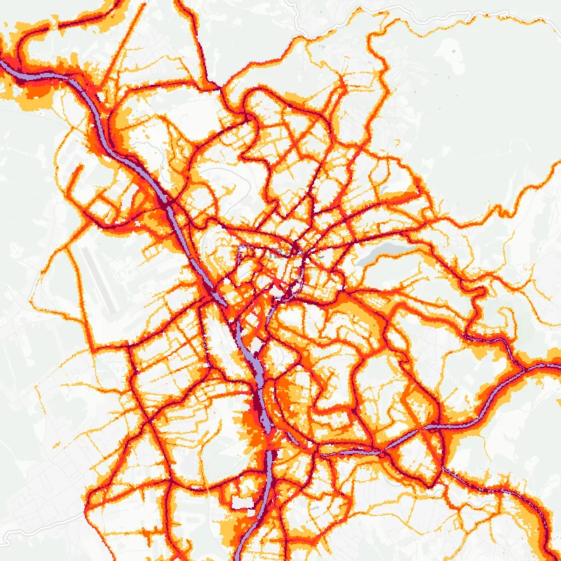 Noise map of Liberec, Czech Republic: road-traffic noise contours from the EU strategic noise maps, shaded yellow (≈55 dB Lden) through orange and red to dark purple (≈75 dB+), over the city's street network.