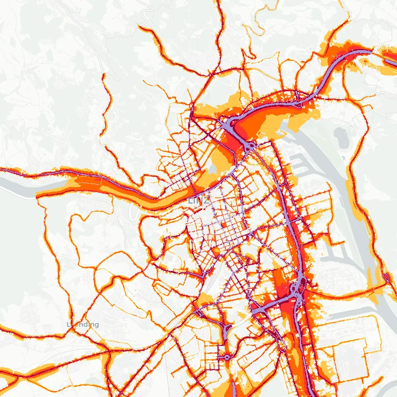 Noise map of Linz, Austria: road-traffic noise contours from the EU strategic noise maps, shaded yellow (≈55 dB Lden) through orange and red to dark purple (≈75 dB+), over the city's street network.