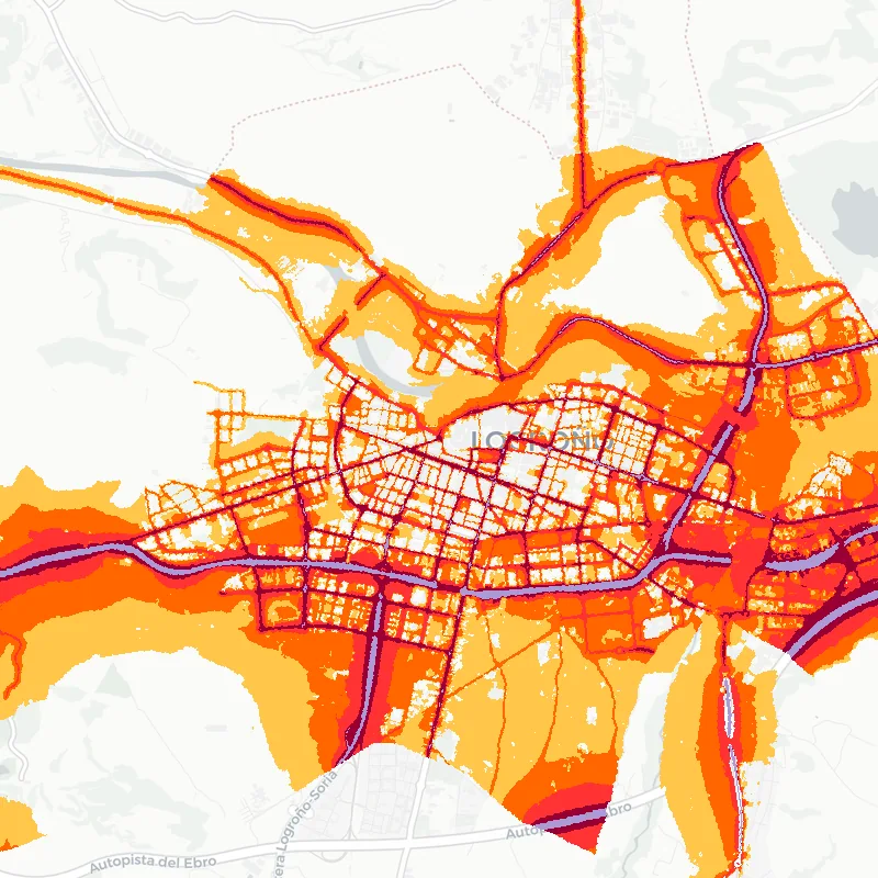Noise map of Logrono, Spain: road-traffic noise contours from the EU strategic noise maps, shaded yellow (≈55 dB Lden) through orange and red to dark purple (≈75 dB+), over the city's street network.