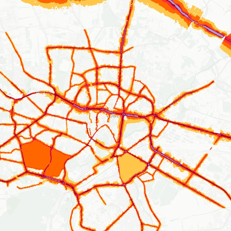 Noise map of Lublin, Poland: road-traffic noise contours from the EU strategic noise maps, shaded yellow (≈55 dB Lden) through orange and red to dark purple (≈75 dB+), over the city's street network.
