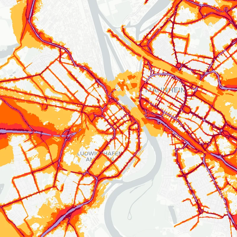 Noise map of Ludwigshafen, Germany: road-traffic noise contours from the EU strategic noise maps, shaded yellow (≈55 dB Lden) through orange and red to dark purple (≈75 dB+), over the city's street network.