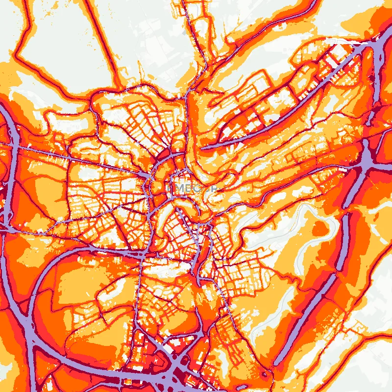 Noise map of Luxembourg_south, Luxembourg: road-traffic noise contours from the EU strategic noise maps, shaded yellow (≈55 dB Lden) through orange and red to dark purple (≈75 dB+), over the city's street network.