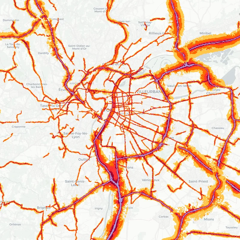 Noise map of Lyon, France: road-traffic noise contours from the EU strategic noise maps, shaded yellow (≈55 dB Lden) through orange and red to dark purple (≈75 dB+), over the city's street network.