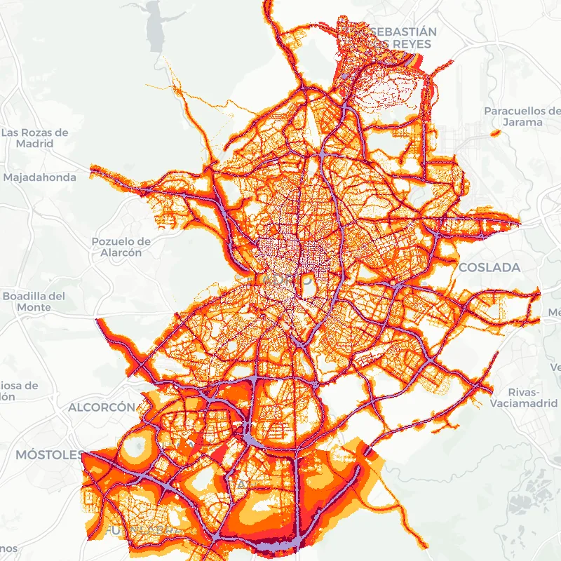 Noise map of Madrid, Spain — road traffic contours from the EU strategic noise maps over the street network.
