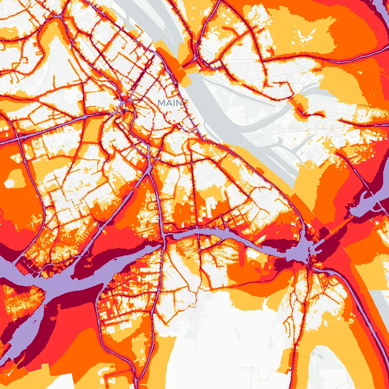 Noise map of Mainz, Germany: road-traffic noise contours from the EU strategic noise maps, shaded yellow (≈55 dB Lden) through orange and red to dark purple (≈75 dB+), over the city's street network.