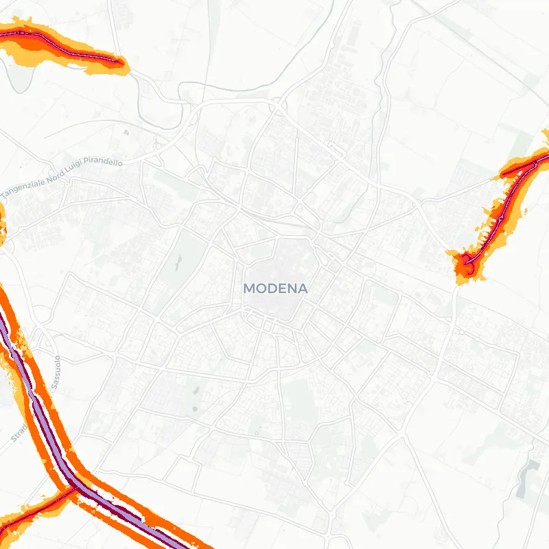 Noise map of Modena, Italy: road-traffic noise contours from the EU strategic noise maps, shaded yellow (≈55 dB Lden) through orange and red to dark purple (≈75 dB+), over the city's street network.