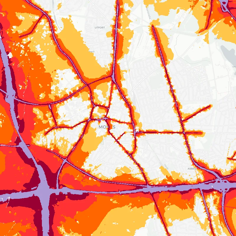 Noise map of Moers, Germany: road-traffic noise contours from the EU strategic noise maps, shaded yellow (≈55 dB Lden) through orange and red to dark purple (≈75 dB+), over the city's street network.
