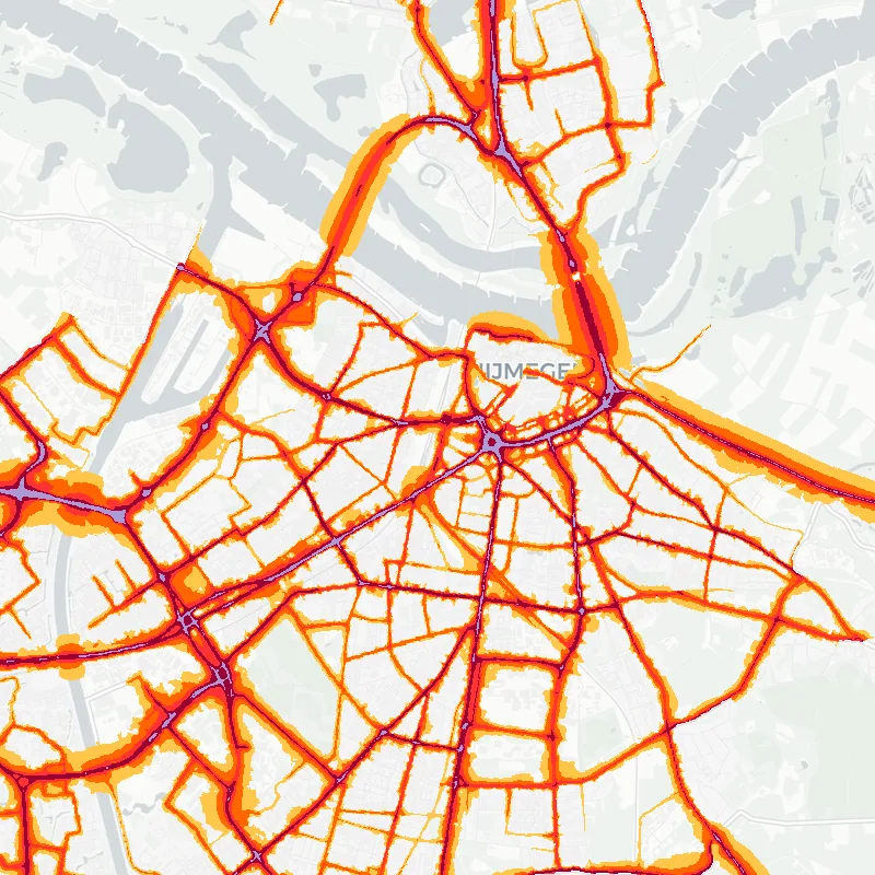 Noise map of Nijmegen, Netherlands: road-traffic noise contours from the EU strategic noise maps, shaded yellow (≈55 dB Lden) through orange and red to dark purple (≈75 dB+), over the city's street network.