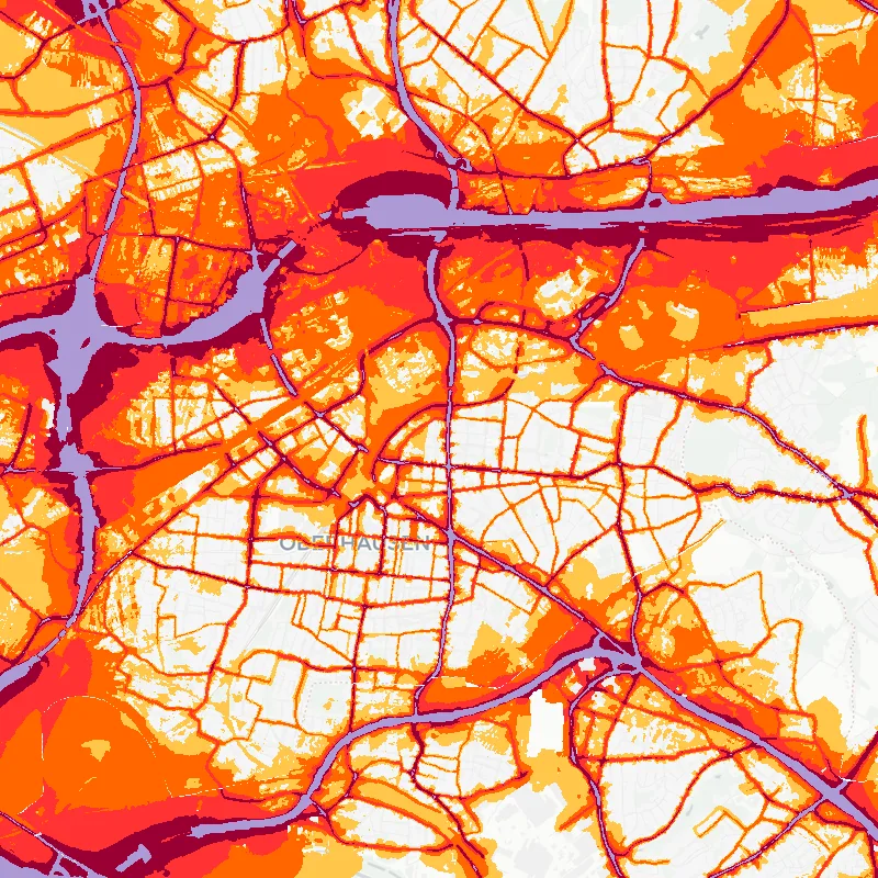 Noise map of Oberhausen, Germany: road-traffic noise contours from the EU strategic noise maps, shaded yellow (≈55 dB Lden) through orange and red to dark purple (≈75 dB+), over the city's street network.