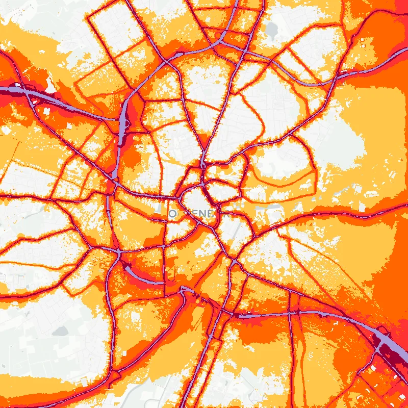 Noise map of Oldenburg, Germany: road-traffic noise contours from the EU strategic noise maps, shaded yellow (≈55 dB Lden) through orange and red to dark purple (≈75 dB+), over the city's street network.