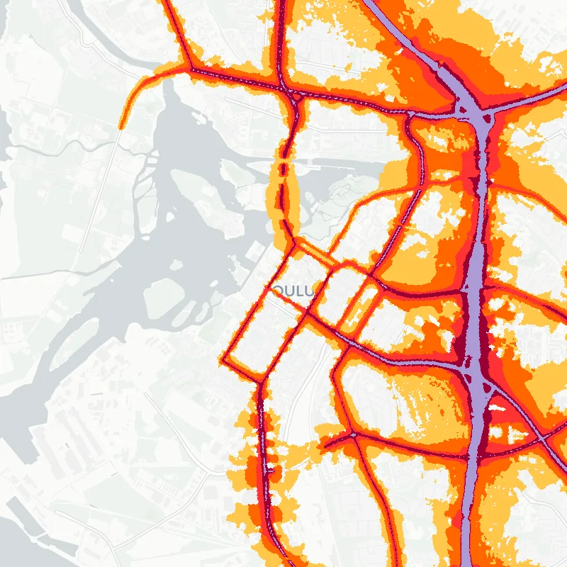 Noise map of Oulu, Finland: road-traffic noise contours from the EU strategic noise maps, shaded yellow (≈55 dB Lden) through orange and red to dark purple (≈75 dB+), over the city's street network.
