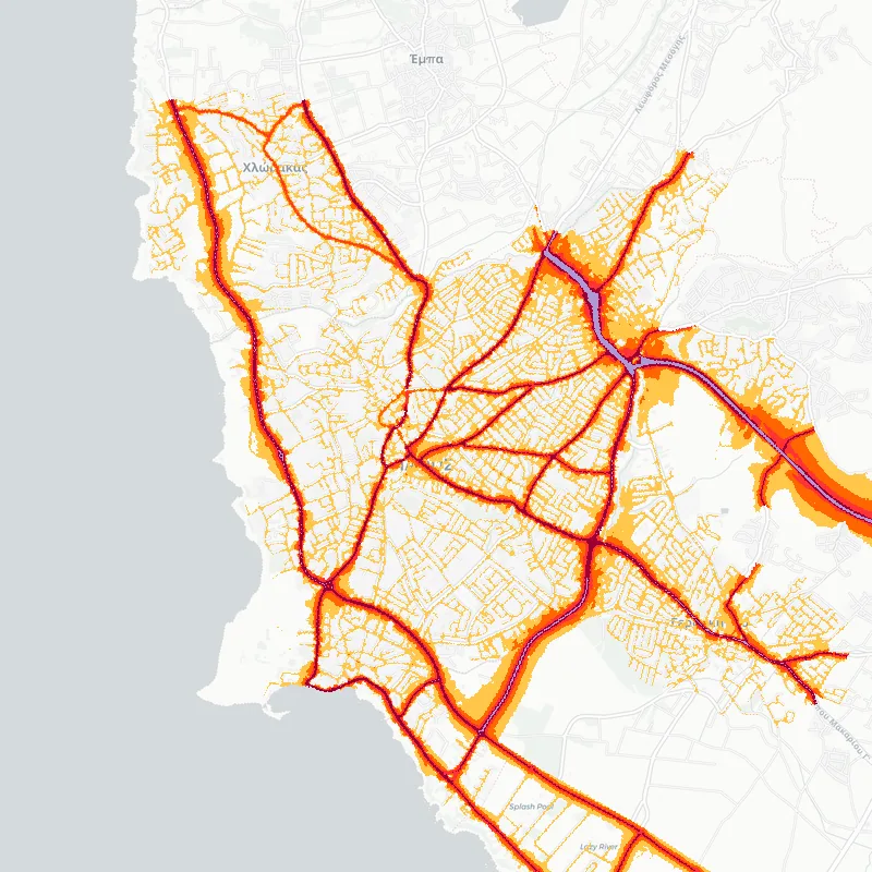 Noise map of Pafos, Cyprus: road-traffic noise contours from the EU strategic noise maps, shaded yellow (≈55 dB Lden) through orange and red to dark purple (≈75 dB+), over the city's street network.