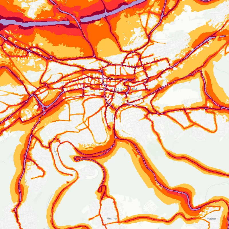 Noise map of Pforzheim, Germany: road-traffic noise contours from the EU strategic noise maps, shaded yellow (≈55 dB Lden) through orange and red to dark purple (≈75 dB+), over the city's street network.