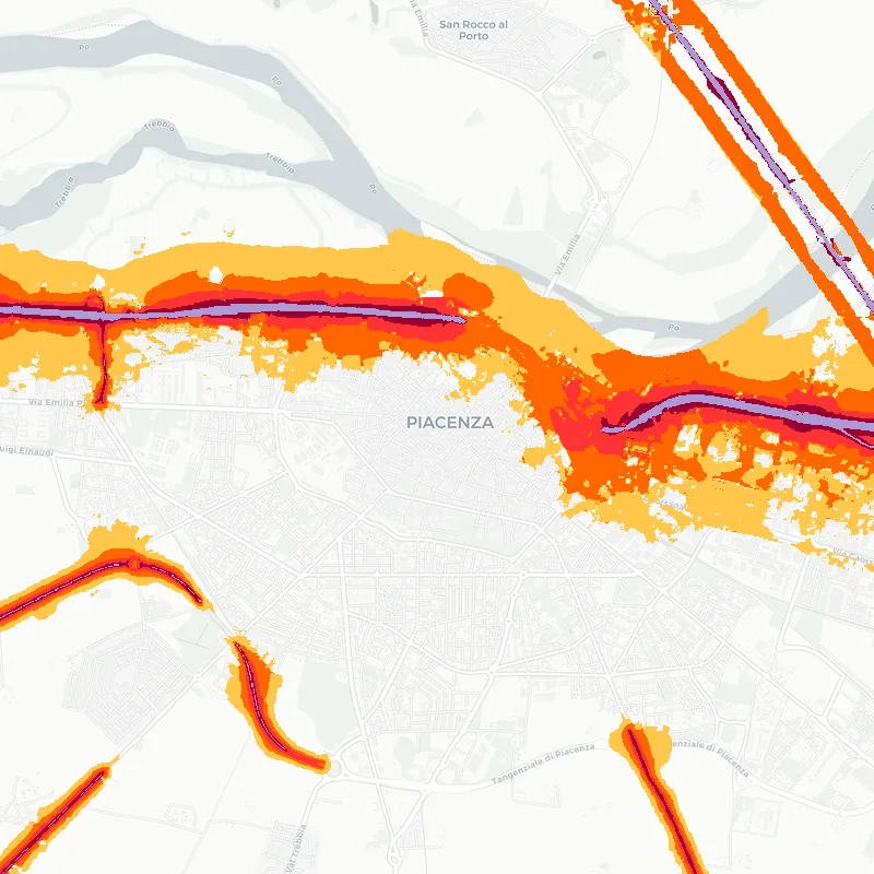 Noise map of Piacenza, Italy: road-traffic noise contours from the EU strategic noise maps, shaded yellow (≈55 dB Lden) through orange and red to dark purple (≈75 dB+), over the city's street network.