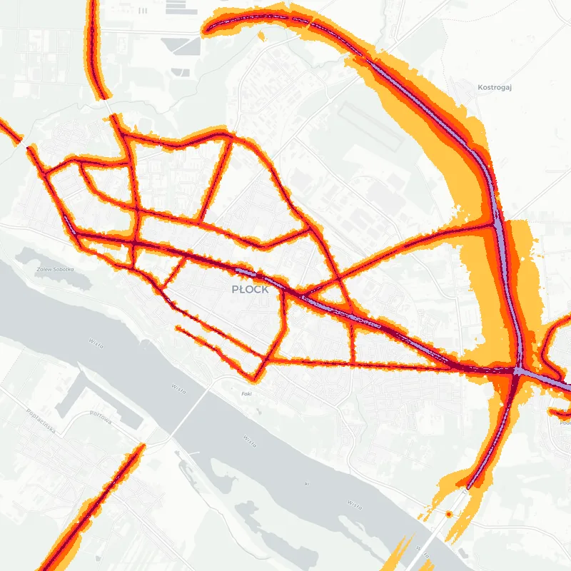 Noise map of Plock, Poland: road-traffic noise contours from the EU strategic noise maps, shaded yellow (≈55 dB Lden) through orange and red to dark purple (≈75 dB+), over the city's street network.