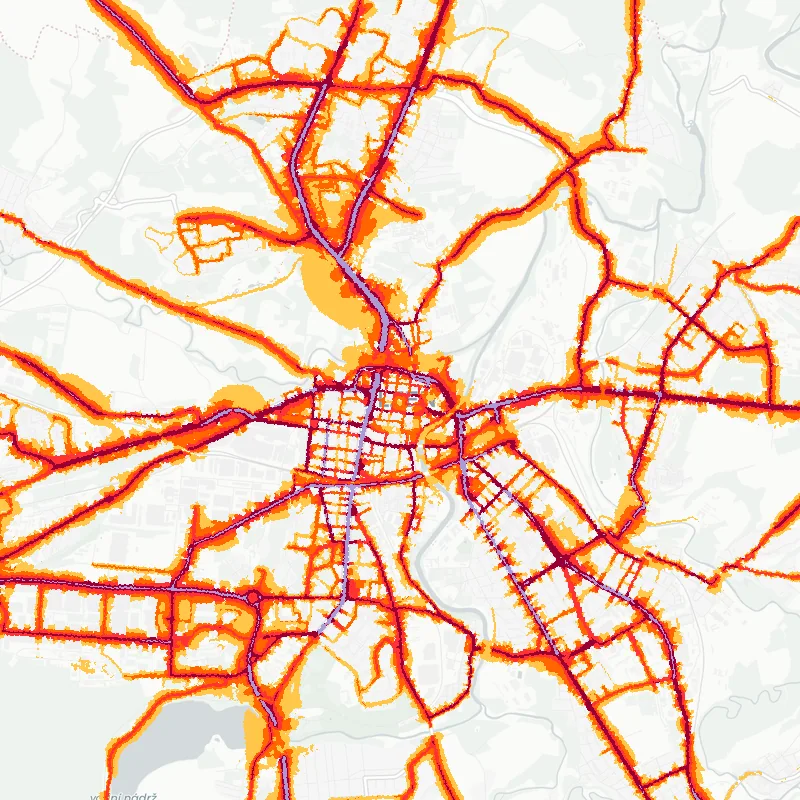 Noise map of Plzen, Czech Republic: road-traffic noise contours from the EU strategic noise maps, shaded yellow (≈55 dB Lden) through orange and red to dark purple (≈75 dB+), over the city's street network.