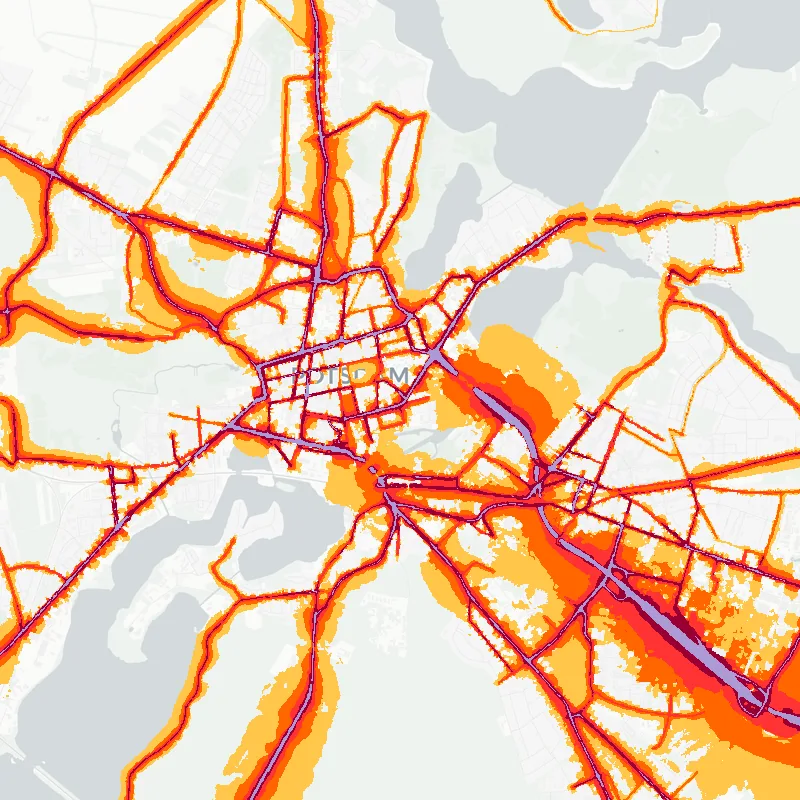 Noise map of Potsdam, Germany: road-traffic noise contours from the EU strategic noise maps, shaded yellow (≈55 dB Lden) through orange and red to dark purple (≈75 dB+), over the city's street network.