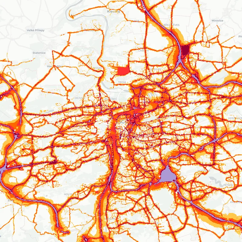 Noise map of Prague, Czech Republic — road traffic contours from the EU strategic noise maps over the street network.