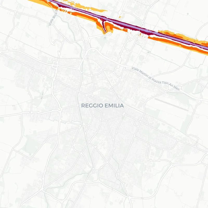 Noise map of Reggio Emilia, Italy: road-traffic noise contours from the EU strategic noise maps, shaded yellow (≈55 dB Lden) through orange and red to dark purple (≈75 dB+), over the city's street network.