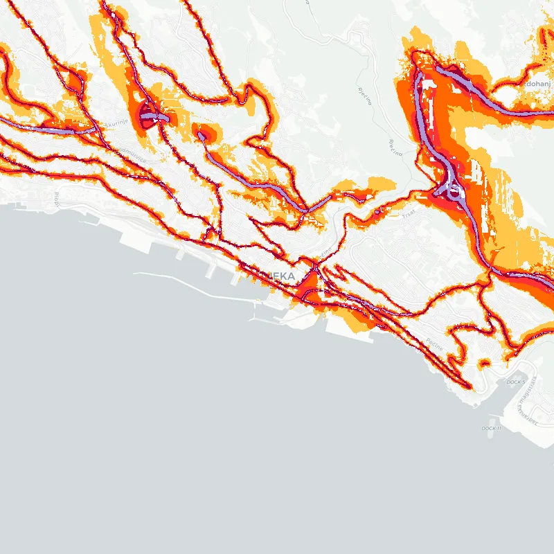 Noise map of Rijeka, Croatia: road-traffic noise contours from the EU strategic noise maps, shaded yellow (≈55 dB Lden) through orange and red to dark purple (≈75 dB+), over the city's street network.