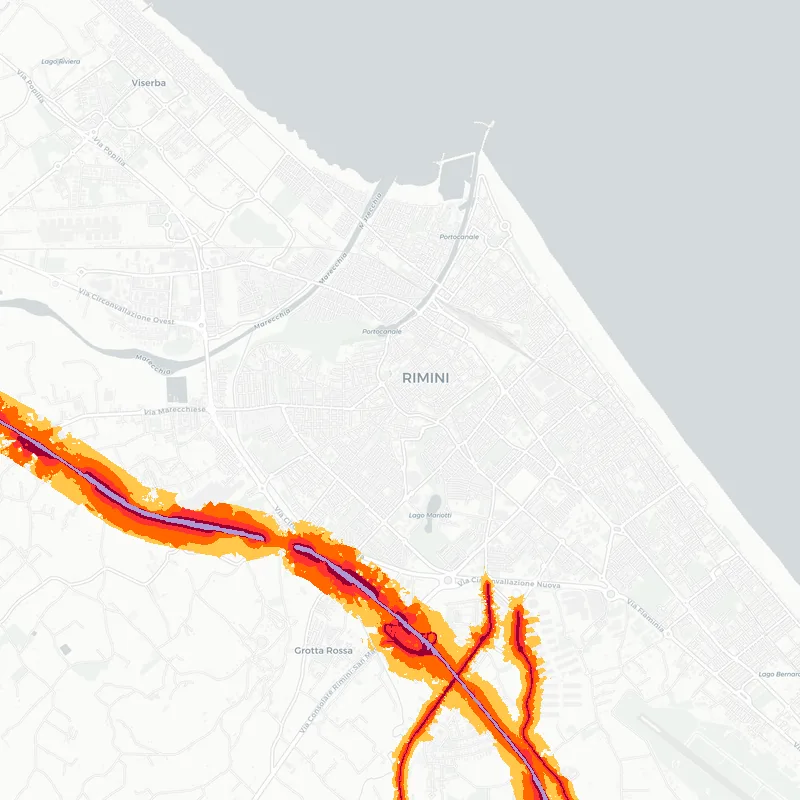 Noise map of Rimini, Italy: road-traffic noise contours from the EU strategic noise maps, shaded yellow (≈55 dB Lden) through orange and red to dark purple (≈75 dB+), over the city's street network.