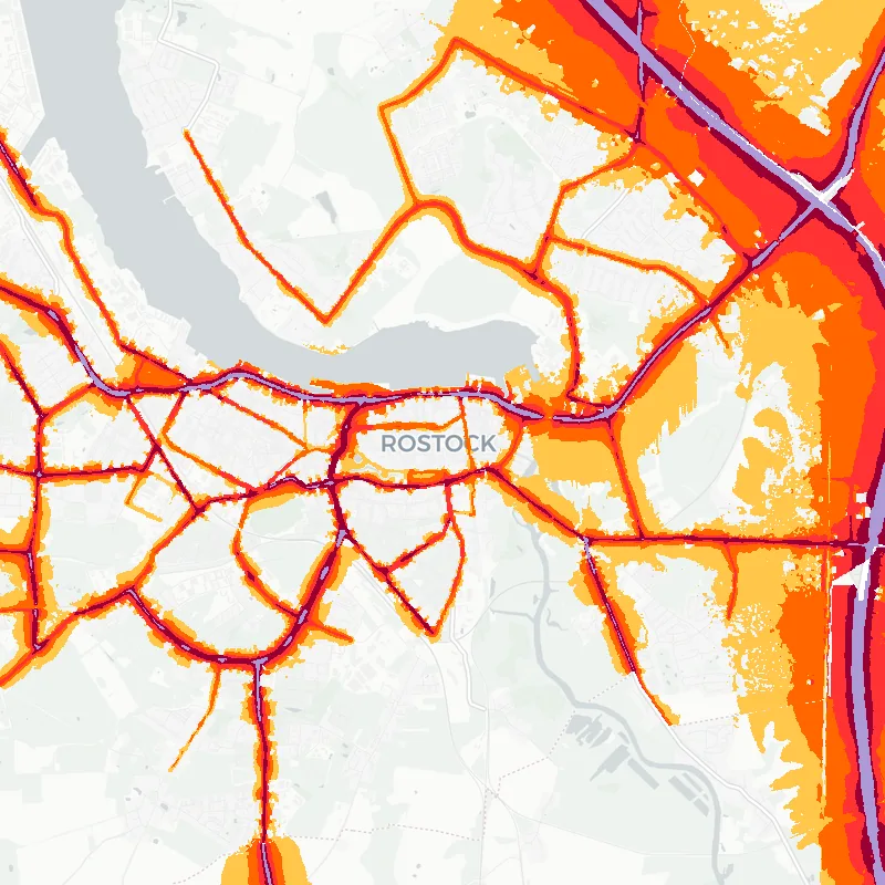 Noise map of Rostock, Germany: road-traffic noise contours from the EU strategic noise maps, shaded yellow (≈55 dB Lden) through orange and red to dark purple (≈75 dB+), over the city's street network.
