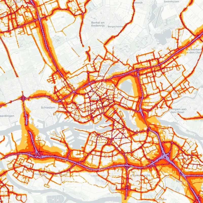 Noise map of Rotterdam, Netherlands — road traffic contours from the EU strategic noise maps over the street network.