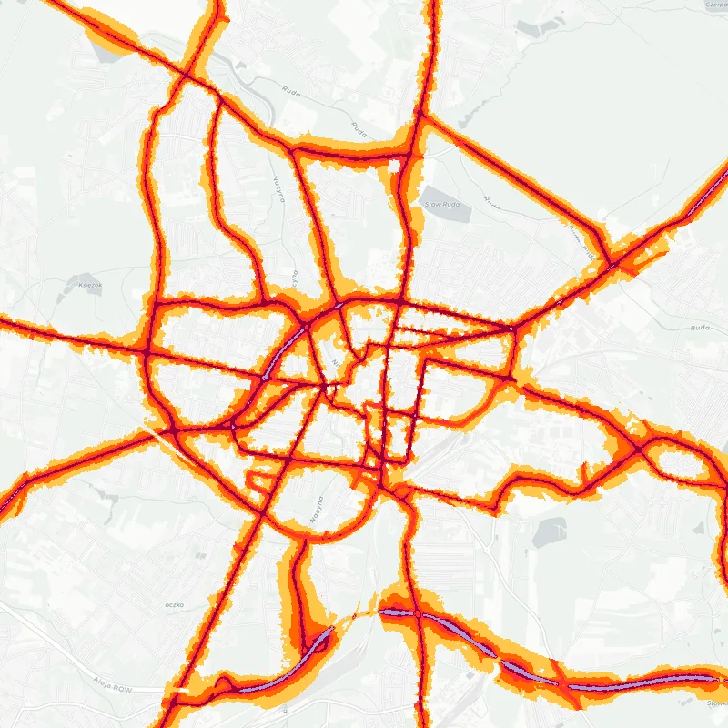 Noise map of Rybnik, Poland: road-traffic noise contours from the EU strategic noise maps, shaded yellow (≈55 dB Lden) through orange and red to dark purple (≈75 dB+), over the city's street network.