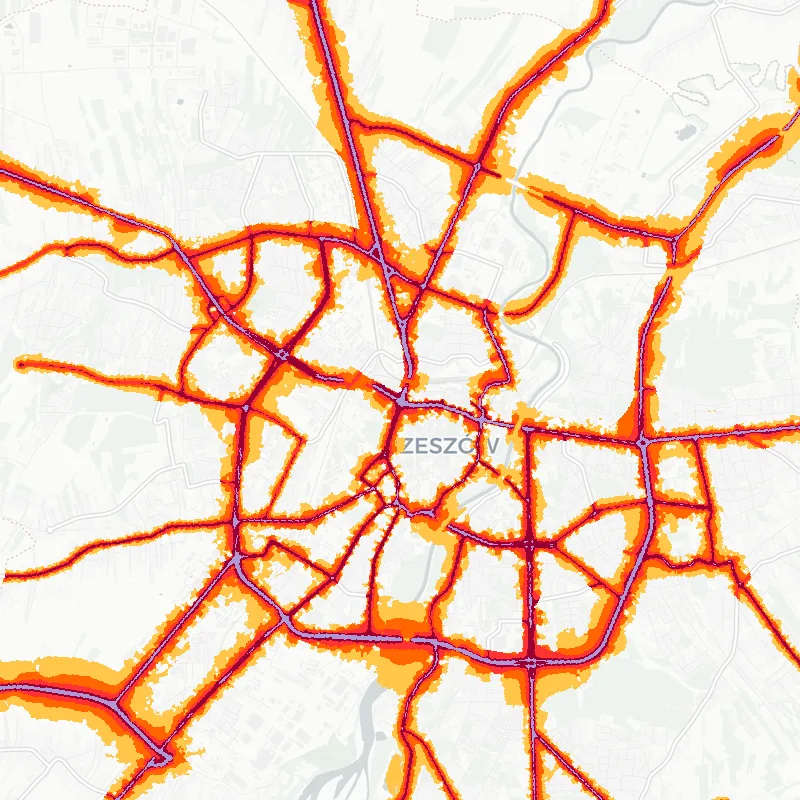Noise map of Rzeszow, Poland: road-traffic noise contours from the EU strategic noise maps, shaded yellow (≈55 dB Lden) through orange and red to dark purple (≈75 dB+), over the city's street network.
