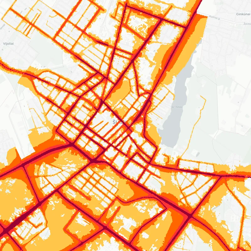 Noise map of Siauliai, Lithuania: road-traffic noise contours from the EU strategic noise maps, shaded yellow (≈55 dB Lden) through orange and red to dark purple (≈75 dB+), over the city's street network.