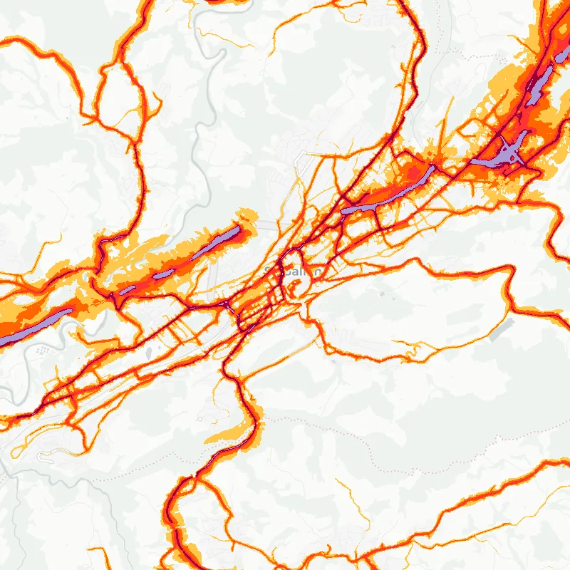 Noise map of St. Gallen, Switzerland: road-traffic noise contours from the EU strategic noise maps, shaded yellow (≈55 dB Lden) through orange and red to dark purple (≈75 dB+), over the city's street network.