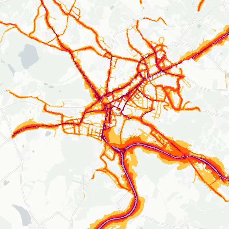 Noise map of Teplice, Czech Republic: road-traffic noise contours from the EU strategic noise maps, shaded yellow (≈55 dB Lden) through orange and red to dark purple (≈75 dB+), over the city's street network.