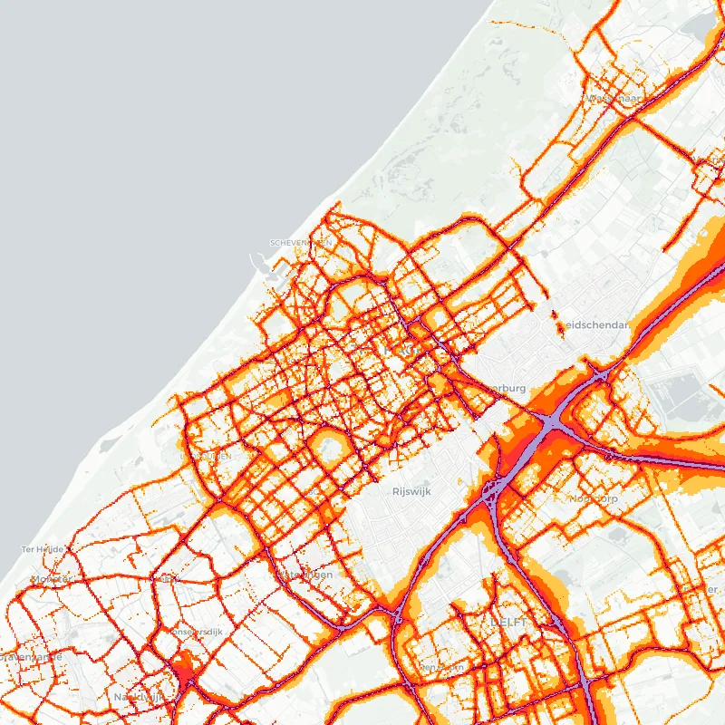 Noise map of The Hague, Netherlands: road-traffic noise contours from the EU strategic noise maps, shaded yellow (≈55 dB Lden) through orange and red to dark purple (≈75 dB+), over the city's street network.