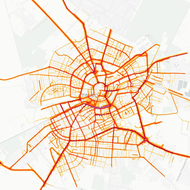 Noise map of Timisoara, Romania: road-traffic noise contours from the EU strategic noise maps, shaded yellow (≈55 dB Lden) through orange and red to dark purple (≈75 dB+), over the city's street network.