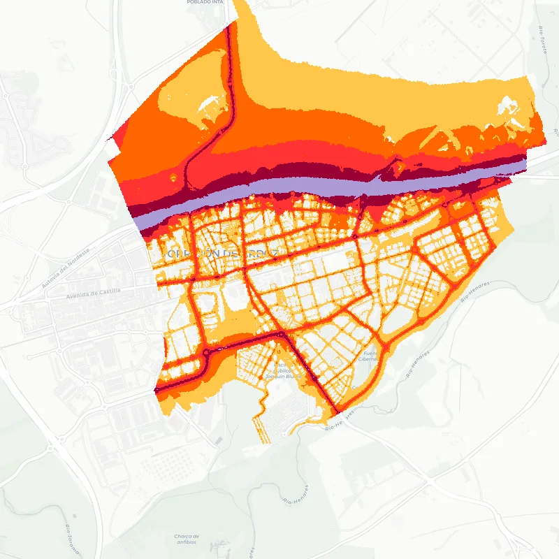 Noise map of Torrejon de Ardoz, Spain: road-traffic noise contours from the EU strategic noise maps, shaded yellow (≈55 dB Lden) through orange and red to dark purple (≈75 dB+), over the city's street network.