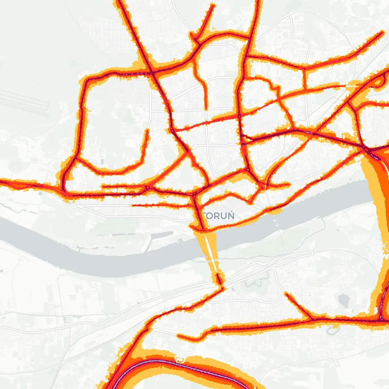 Noise map of Torun, Poland: road-traffic noise contours from the EU strategic noise maps, shaded yellow (≈55 dB Lden) through orange and red to dark purple (≈75 dB+), over the city's street network.