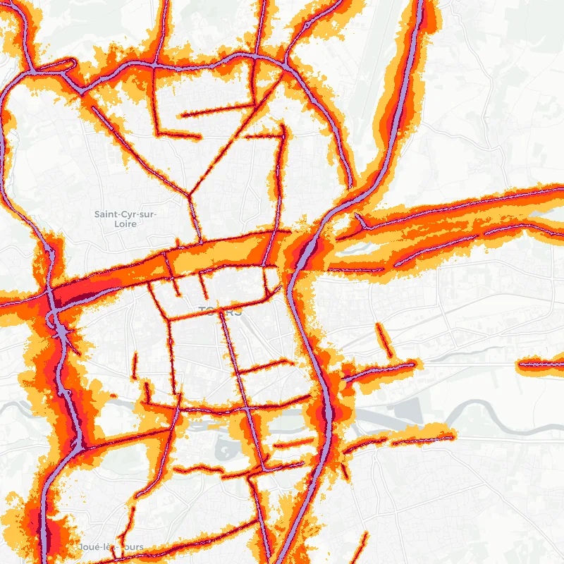 Noise map of Tours, France: road-traffic noise contours from the EU strategic noise maps, shaded yellow (≈55 dB Lden) through orange and red to dark purple (≈75 dB+), over the city's street network.