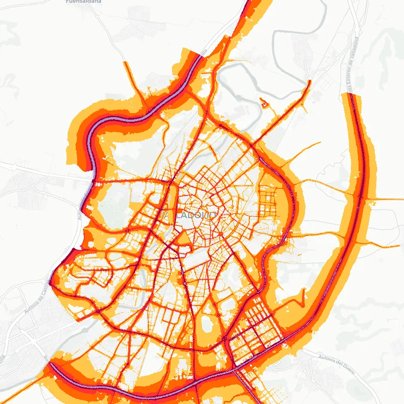 Noise map of Valladolid, Spain: road-traffic noise contours from the EU strategic noise maps, shaded yellow (≈55 dB Lden) through orange and red to dark purple (≈75 dB+), over the city's street network.