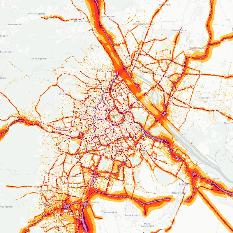 Noise map of Vienna, Austria — road traffic contours from the EU strategic noise maps over the street network.