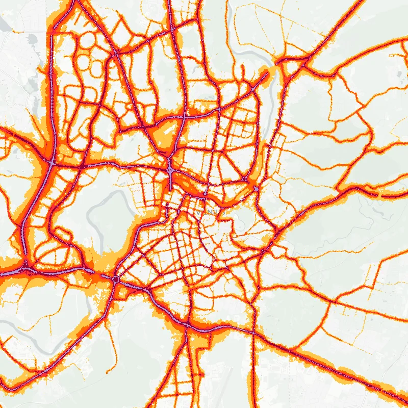 Noise map of Vilnius, Lithuania: road-traffic noise contours from the EU strategic noise maps, shaded yellow (≈55 dB Lden) through orange and red to dark purple (≈75 dB+), over the city's street network.