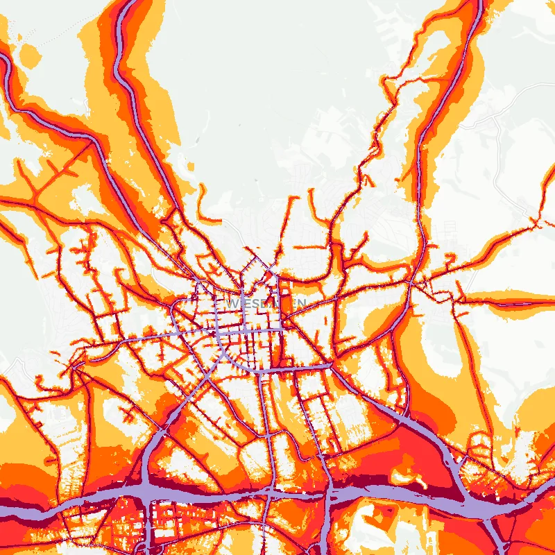 Noise map of Wiesbaden, Germany: road-traffic noise contours from the EU strategic noise maps, shaded yellow (≈55 dB Lden) through orange and red to dark purple (≈75 dB+), over the city's street network.