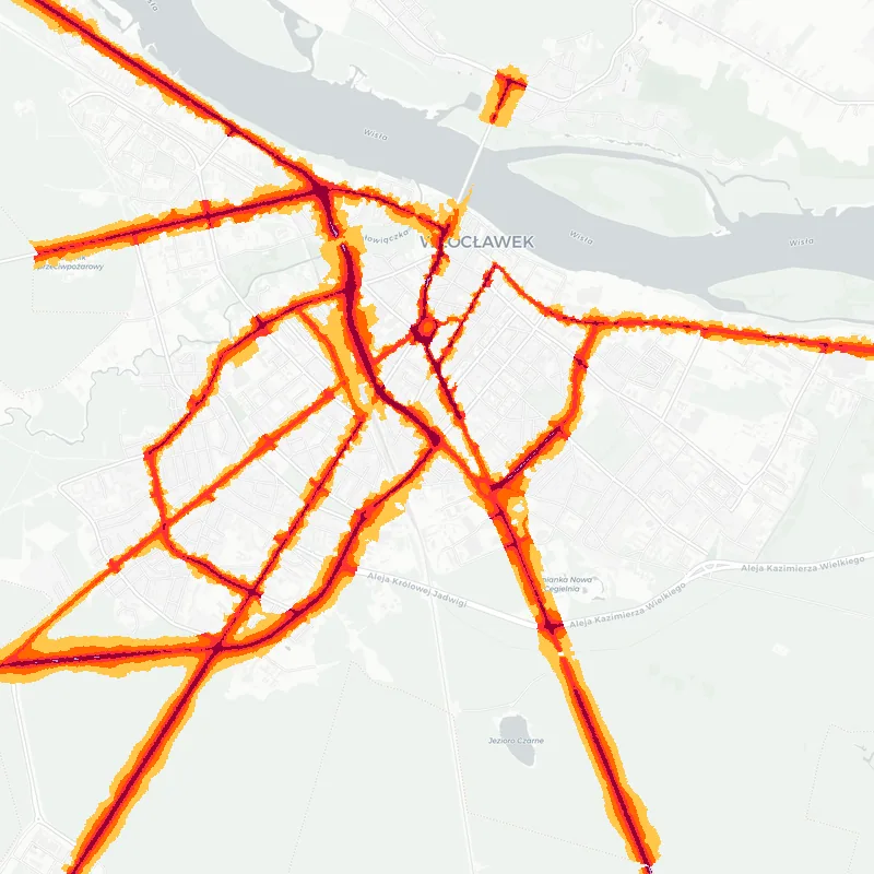 Noise map of Wloclawek, Poland: road-traffic noise contours from the EU strategic noise maps, shaded yellow (≈55 dB Lden) through orange and red to dark purple (≈75 dB+), over the city's street network.