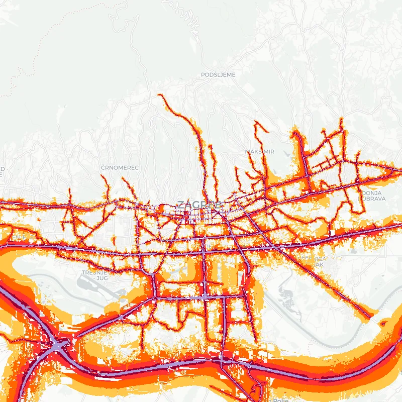 Noise map of Zagreb, Croatia: road-traffic noise contours from the EU strategic noise maps, shaded yellow (≈55 dB Lden) through orange and red to dark purple (≈75 dB+), over the city's street network.