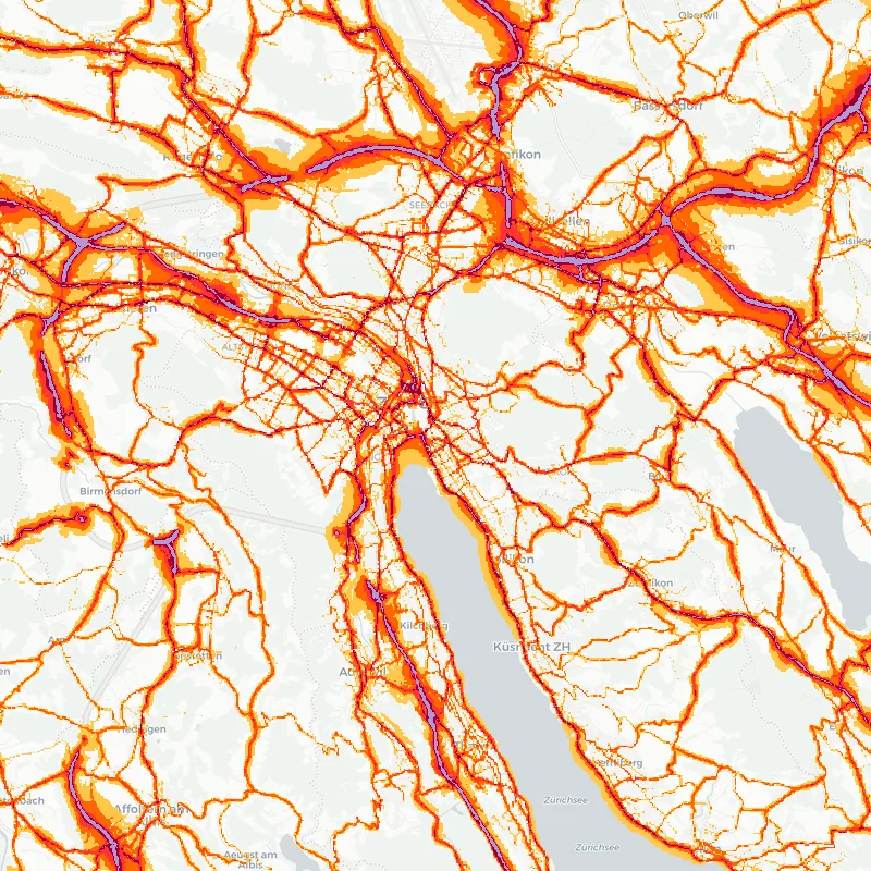 Noise map of Zurich, Switzerland — road traffic contours from the EU strategic noise maps over the street network.