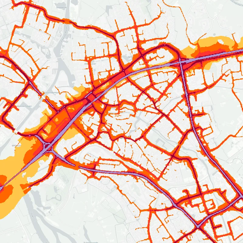 Noise map of Zwolle, Netherlands: road-traffic noise contours from the EU strategic noise maps, shaded yellow (≈55 dB Lden) through orange and red to dark purple (≈75 dB+), over the city's street network.