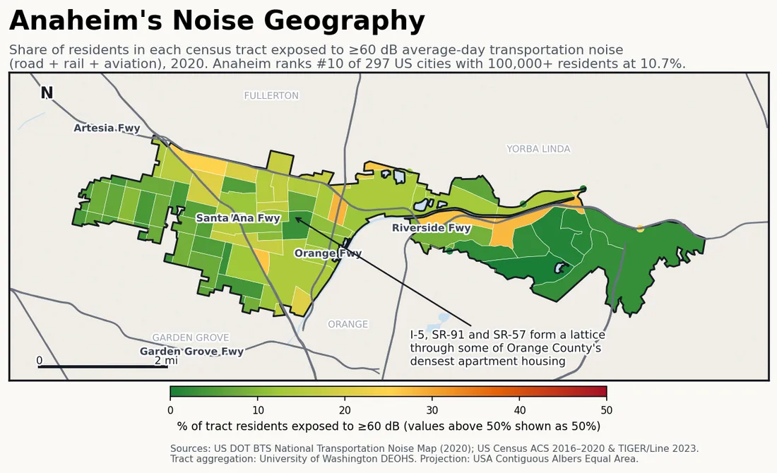 Census-tract noise map preview of Anaheim, CA — loudest tracts follow the I-5, SR-91 and SR-57 freeway lattice.