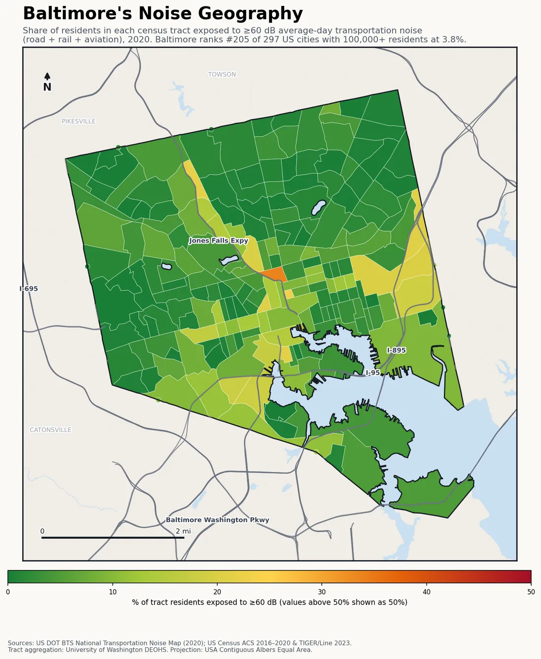 Census-tract noise map of Baltimore, MD: tracts colored green (few residents above 60 dB transportation noise) to red (half or more residents above 60 dB). The loudest tracts follow Baltimore's busiest road, rail and flight corridors.