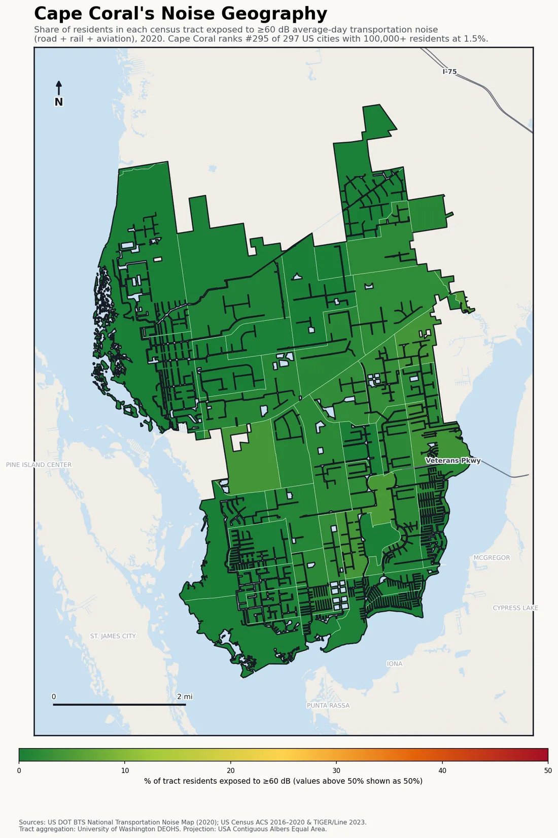 Census-tract noise map of Cape Coral, FL: tracts colored green (few residents above 60 dB transportation noise) to red (half or more residents above 60 dB). The loudest tracts follow Cape Coral's busiest road, rail and flight corridors.