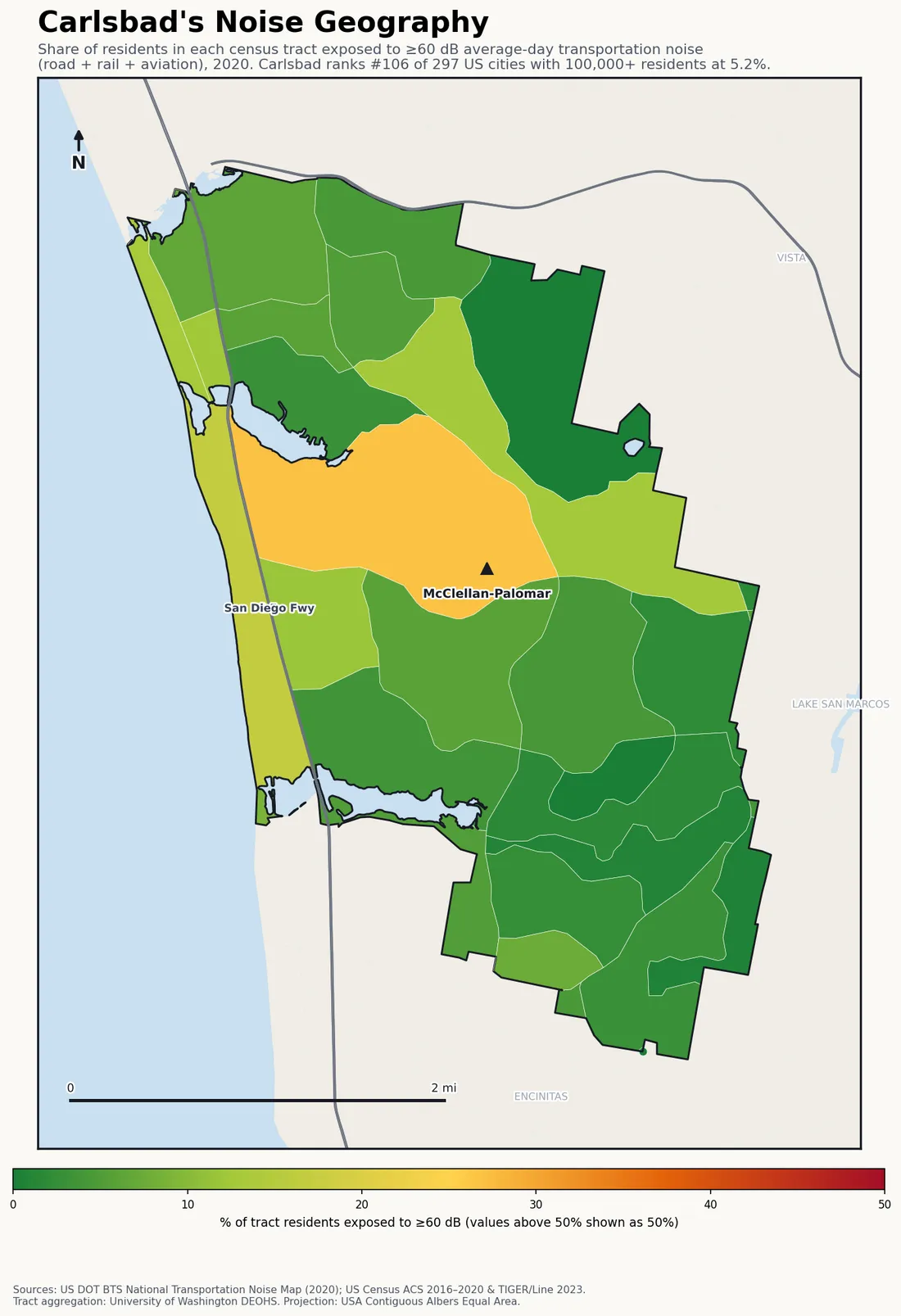 Census-tract noise map of Carlsbad, CA: tracts colored green (few residents above 60 dB transportation noise) to red (half or more residents above 60 dB). The loudest tracts follow Carlsbad's busiest road, rail and flight corridors.